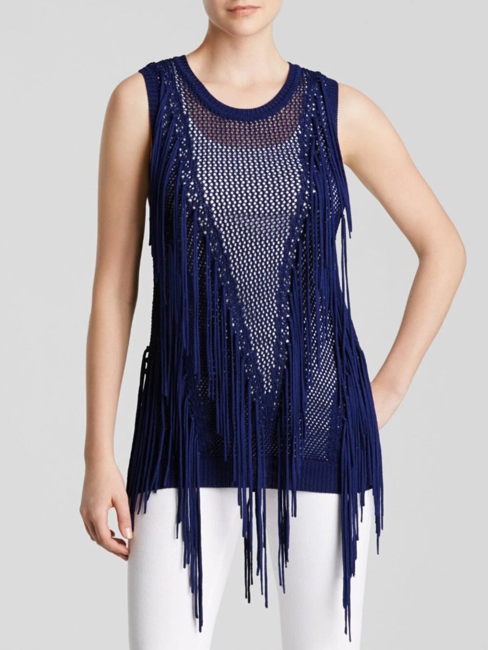 TORN BY RONNY KOBO Ronja Navy Fringed Knit Top Size S NWT $348